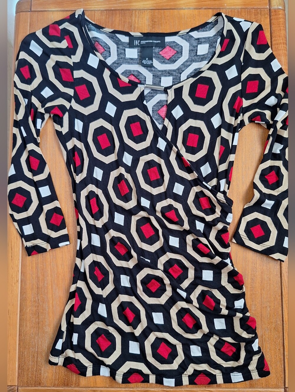 INC Surplice Wrap Top 3/4 Sleeve Keyhole Rayon Jersey Geometric Art Deco XS